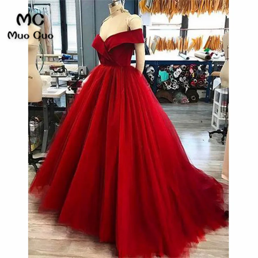 

2018 Ball Gown Burgundy Prom dresses Long Draped Tulle Women's dress for graduation Tulle Formal Evening Prom Dress for Women