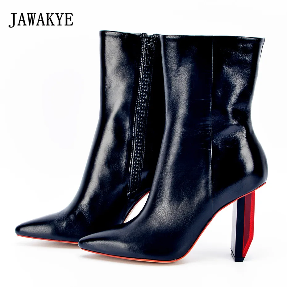 Г., высококачественные кожаные ботильоны для женщин в стиле подиума красного и черного цвета полусапожки с острым носком на высоком каблуке зимняя обувь, bota feminina