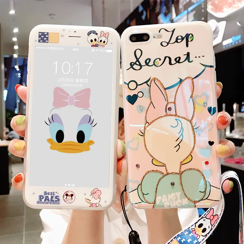

For iPhone 8/7 plus case XS MAX cute Daisy duck cover X/XR & tempered glass film for iPhone 6 6s+ bling shell girl gift + strap