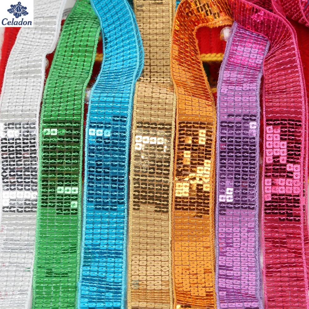 

Multi Colors Width 25mm Sequin Beading Lace spangle Ribbon Trim (5 Yard/lot) For Sewing Decoration DIY Clothing Accessories
