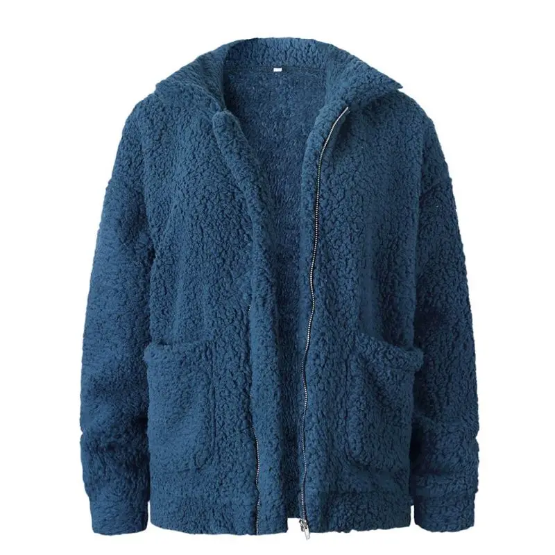 Элегантное женское пальто из искусственного меха осень зима теплая мягкая меховая куртка на молнии женское плюшевое пальто с карманами Повседневная плюшевая верхняя одежда - Цвет: Небесно-голубой