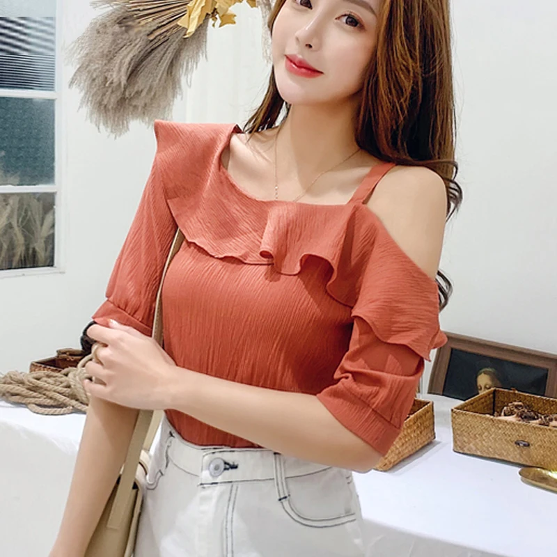 

2019 Women Off Shoulder Ruffles Short Sleeve Chiffon White Blouses Shirt Female Clothing Blusas Ladies Tops Ruffle Yellow Blouse