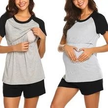 2PCS Women Maternity Short Sleeve Nursing Baby Tops T-shirt+Shorts Pajamas Set maternity Sleepwear Underwear Nightwear Top femme