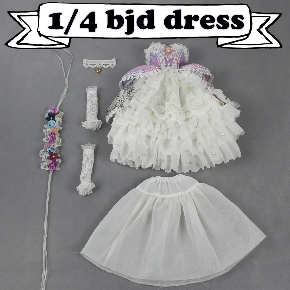 

forturn days only for 1/4 bjd 45cm doll purple pink dress flower headband Necklace lolita princess suit clothes white lace