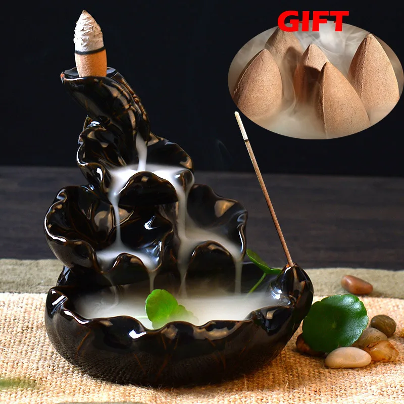 

Retro Ceramic Incense Burner With 5pcs Sandalwood Incense Cones Handmade Porcelain Lotus Pond Censer Incense Stickers Holder