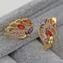 Горячая новинка серьги-кольца для женщин Золотая цветная серьга с полый лист Форма Радуга в виде капли, циркониевое Ювелирное Украшение свадебные аксессуары