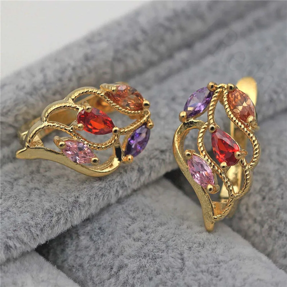 

Hot New Hoop Earrings for Women Gold Color Earring With Hollow Leaf Shape Rainbow Waterdrop Zircon Jewelry Wedding accessories
