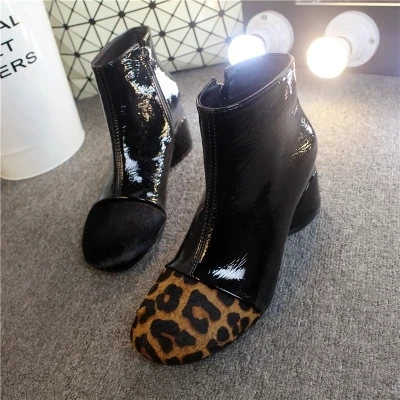 

Women's boots 2018 new high-top patent leather boots leopard horse hair Martin boots thick with women's shoes