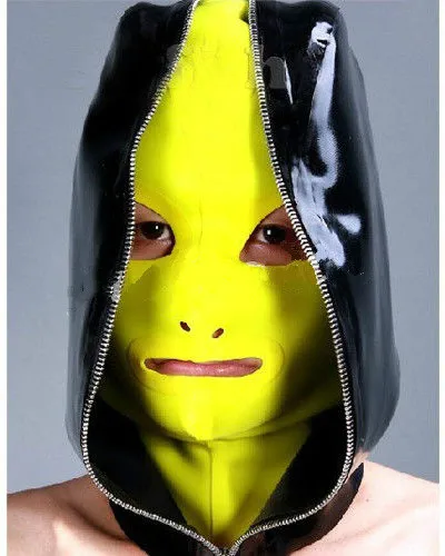 

Latex Mask Rubber Masquerade Yellow and Black Hood Unisex Mask Headgear Sizes XXS-XXL