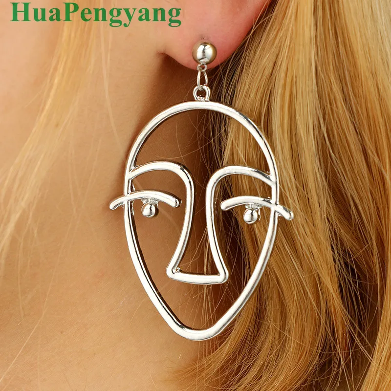 

European And American Personality Exaggerated Abstract Face Contour Earrings Alloy Plating Gold And Silver Hollow Face Ear Earri