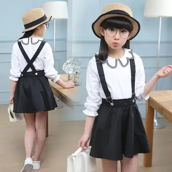 

2 Pcs Summer Girls Clothing Set Long Sleeve Shirts Blouse Tops Suspender Straps Jeans Skirt ensemble fille For 6 8 10 12 14 Yrs