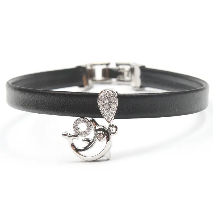 Silver Micro Pave Clear CZ дельфины Шарм струнный 8*1 мм кожаный шнур сложить над застежкой браслет ювелирные изделия около 8 дюймов - Окраска металла: Silver