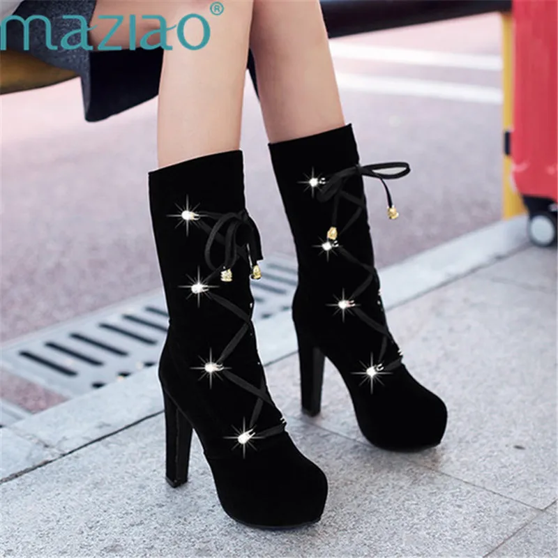 

Faux suede Women boots Autumn Spring shoes thin high heel Cross Strap gladiator platform mid calf boots MAZIAO