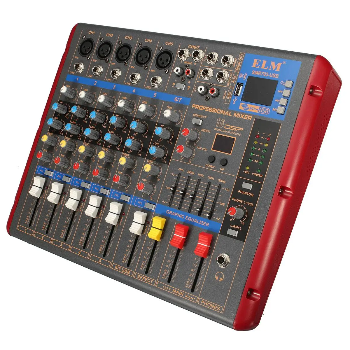 

48V DC bluetooth LCD digital display 6 Channel Audio Music Mixer with recording function for Stage Performance Family
