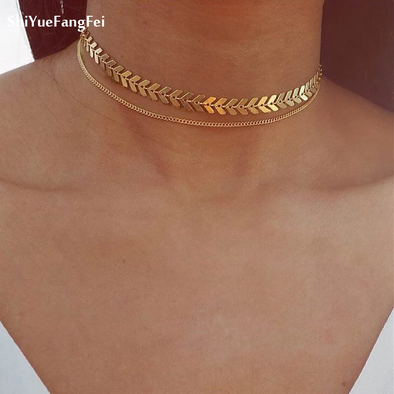

Temperament Fashion Double Fishbone Chain New Hot Litter Short Necklace Steampunk Tattoo Chain Clavicle Chain Necklace Women