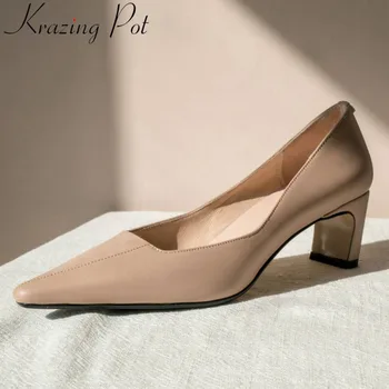

European style office lady med heels slip on full grain leather square toe shallow caeer pumps streetwear woman brand shoes L06