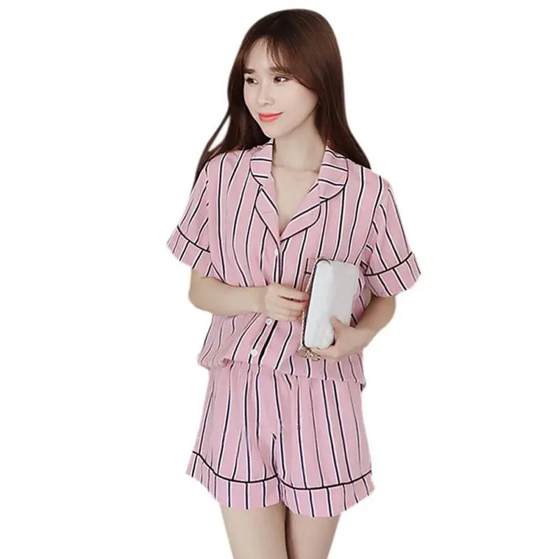 Summer Women Pajamas Turn-down Collar Sleepwear 3 Piece Set Shirt+Shorts Striped+Headdress Casual Pajama Set pijama de mujer