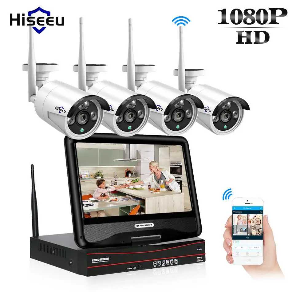 Hiseeu 10 дюймов Displayer 4CH 1080 P Беспроводной CCTV Системы NVR 2MP IP Камера водонепроницаемый