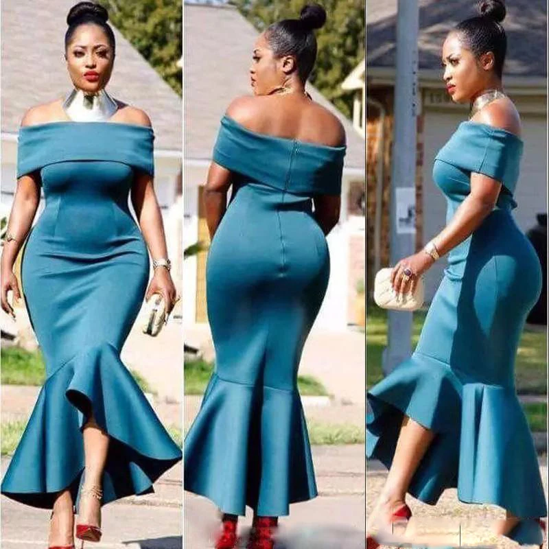 Plus Size Mermaid Prom Dress Fashion High-Low Satin Ankle Length Celebrity Party Dress Elegant Off Shoulder Zipper Backless Evening Dresses99