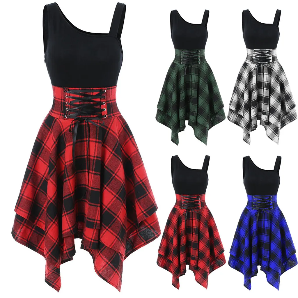 

Dress 2019Top Fashion Women Sleeveless Cold Shoulder Cross Lace Up Plaid Print Irregular Dress