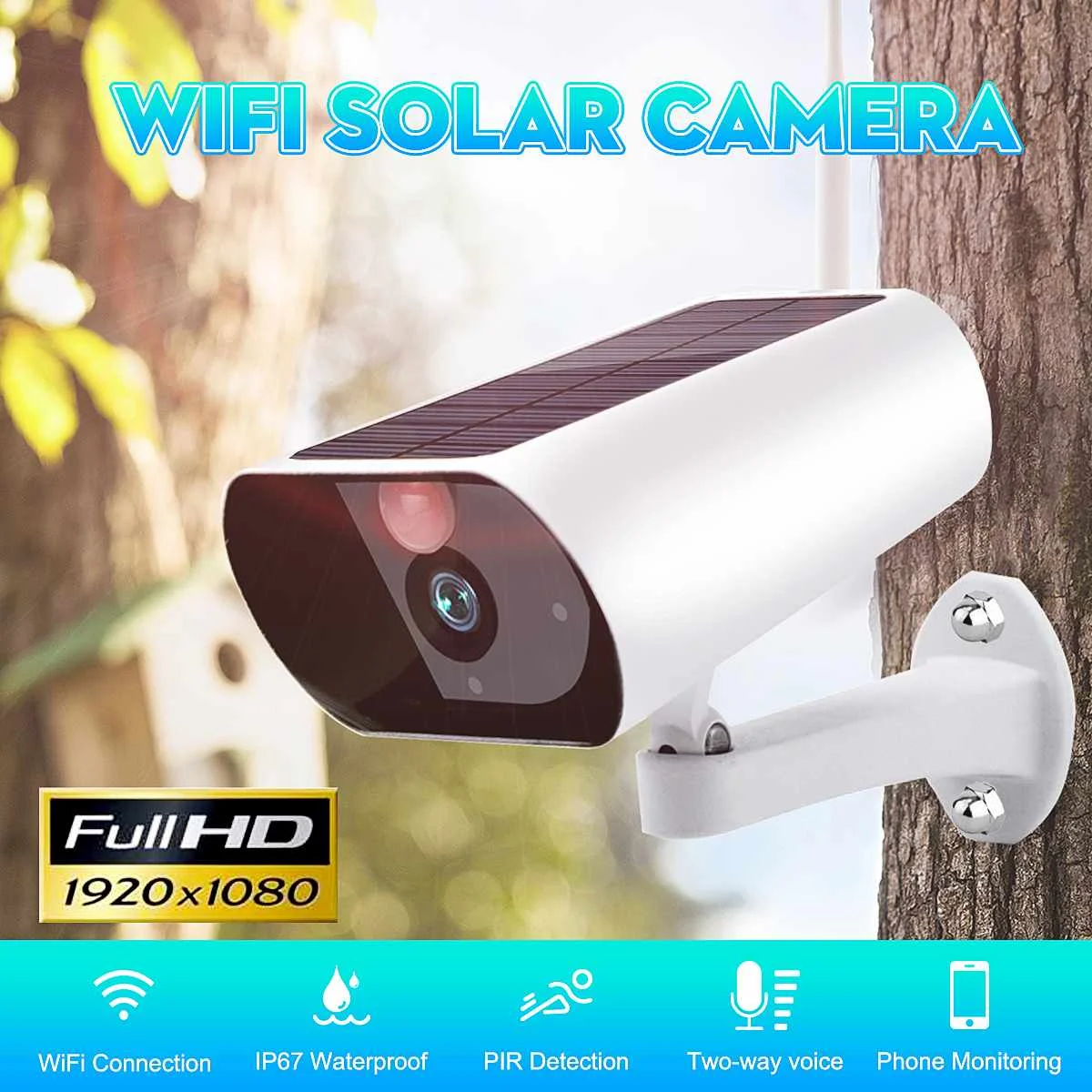 

Solar Camera Surveillance WiFi IP Camera PIR Night Vision Home Security Outdoor Webcam Built-in Microphone