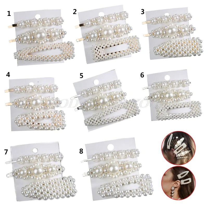 

3pcs/set Fashion Women Imitation Pearl Hair Clip Snap Barrette Stick Hairpin Hair Accessories Elegant Headdress