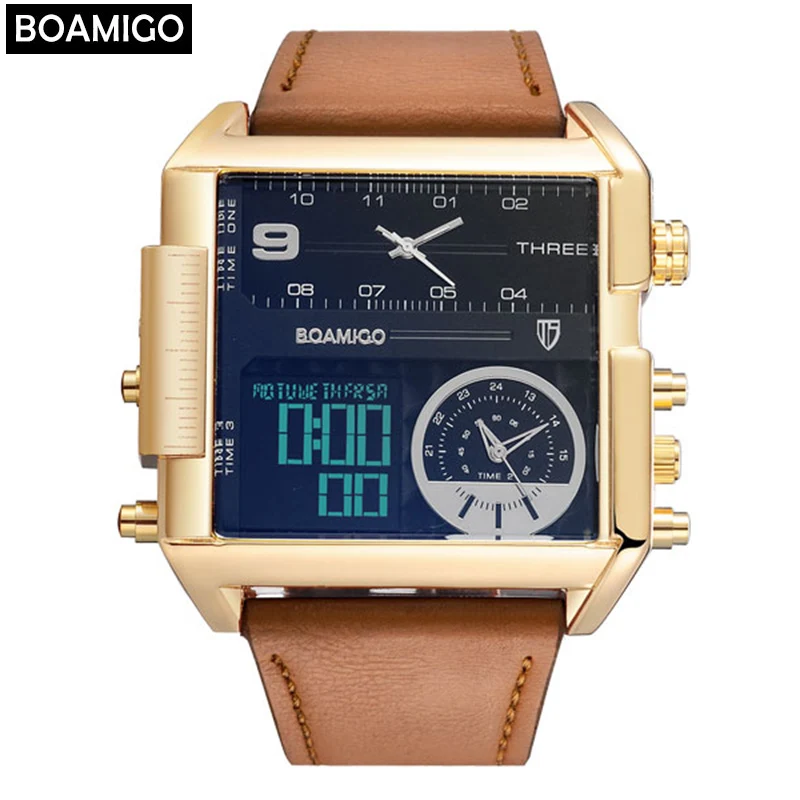 

BOAMIGO brand men sports watches 3 time zone big man fashion watch leather quartz wristwatches relogio masculino montre homme