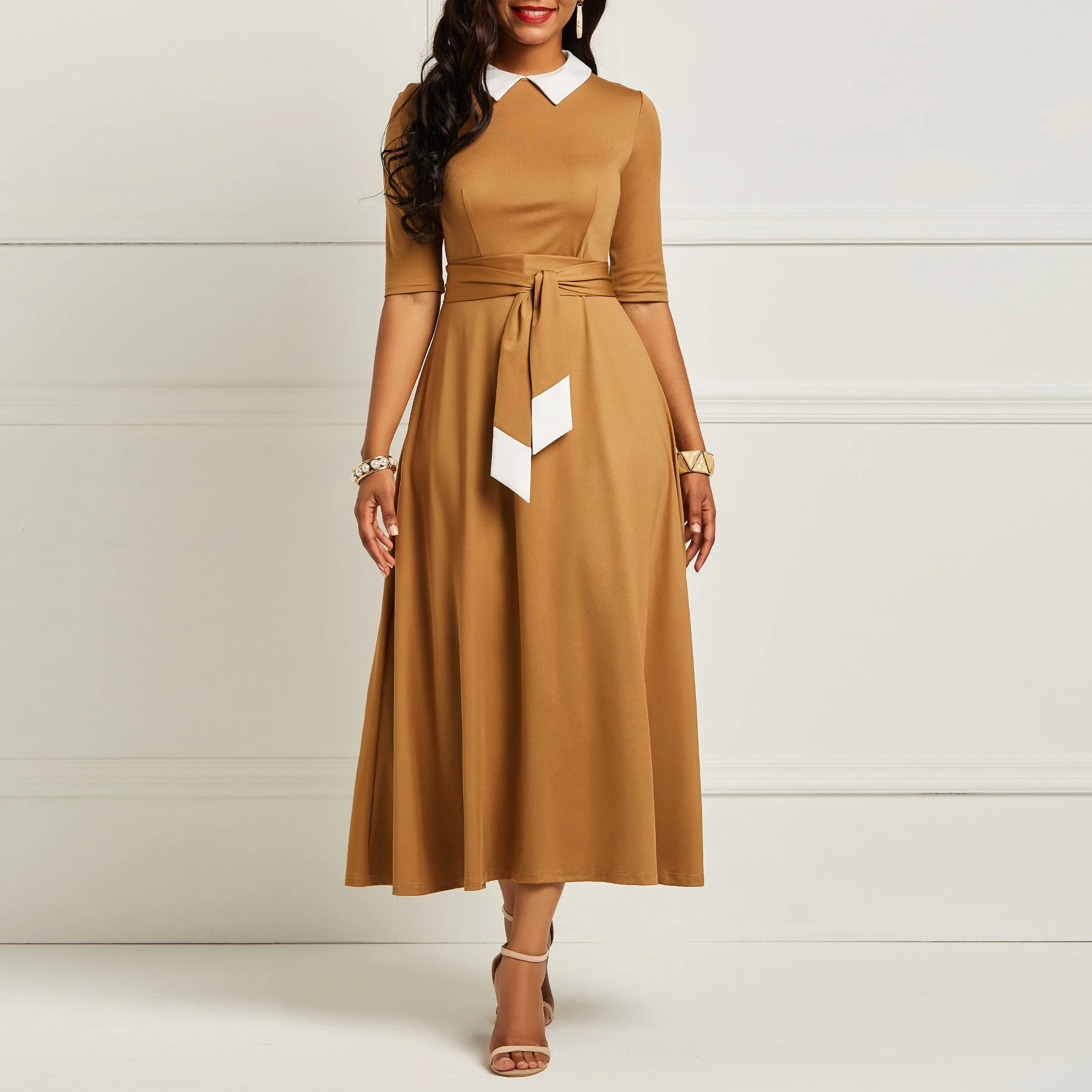 

Sisjuly Vintage Brown Camel Dress Women Spring Summer Lace Up Office Lady Elegant Simple Prom Stylish Retro Swing Midi Dresses