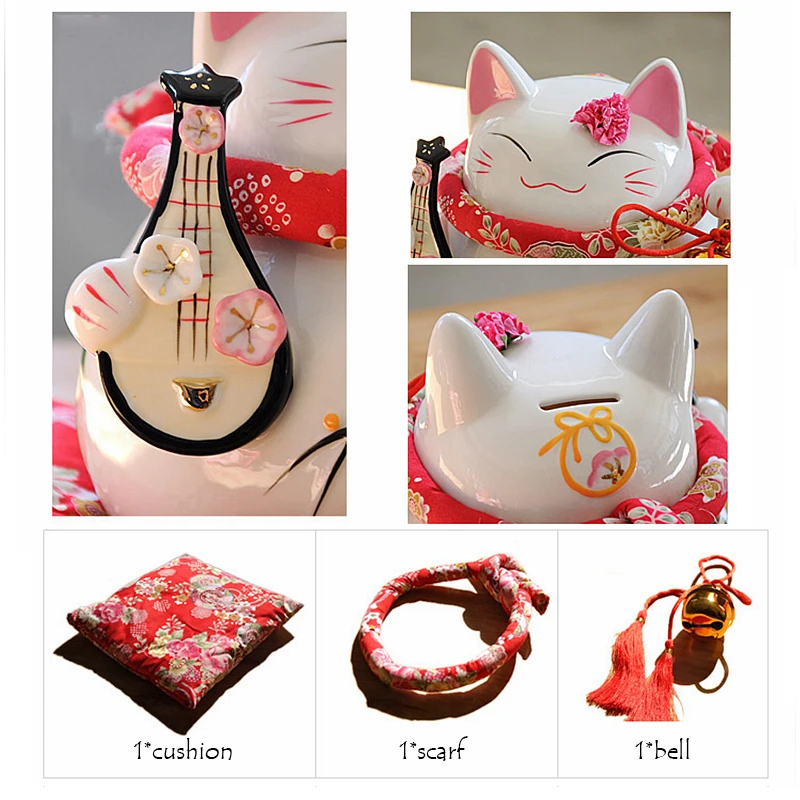 8 дюймов керамика Maneki Neko орнамент розовый белый lute дизайн Lucky Cat Копилка фигурка домашний декор Фортуна кошка с колокольчиком