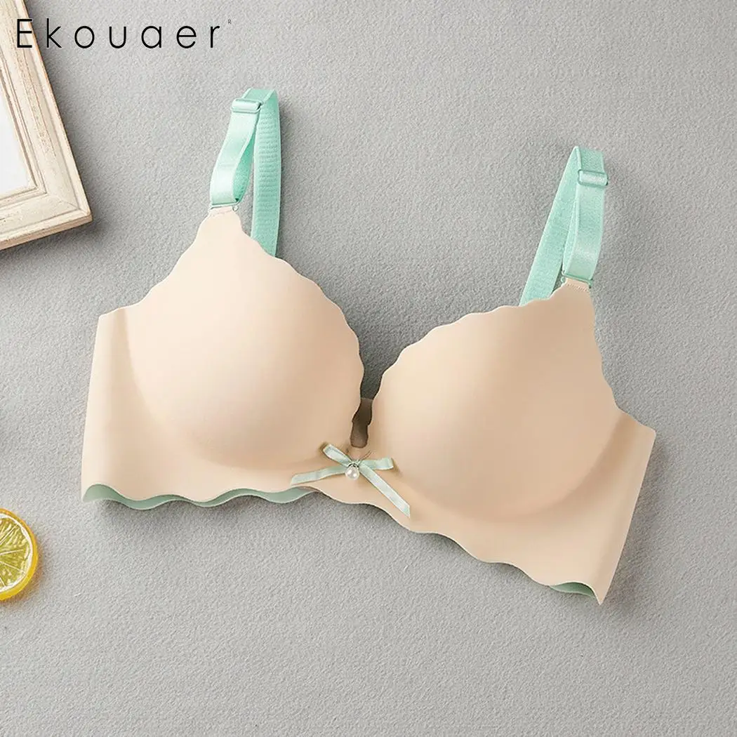 Ekouaer Sexy Seamless Bra Gather Adjustable Women's Bra Seamless Underwear Push Up Padded Bra Female Girls Intimates