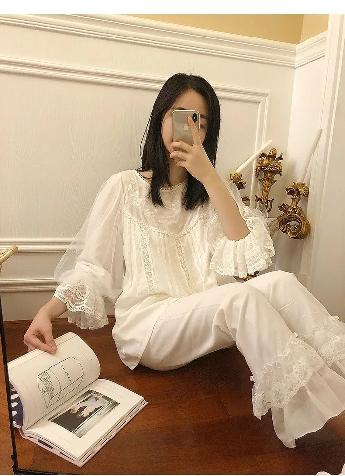 Мягкие хлопковые женские пижамы ручной работы с вышивкой, Осенние винтажные милые женские белые пижамы с длинным рукавом, 2228