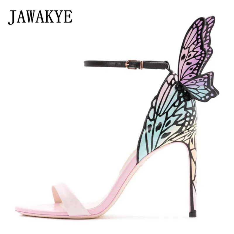 Элегантные розовые женские босоножки с перьями и крыльями бабочки вечерние туфли на очень высоком тонком каблуке с открытым носком женские сандалии-гладиаторы