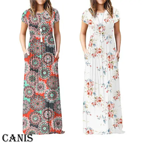 BOHO Для женщин Повседневное дамы цветочные Gypsy круглым вырезом короткий рукав