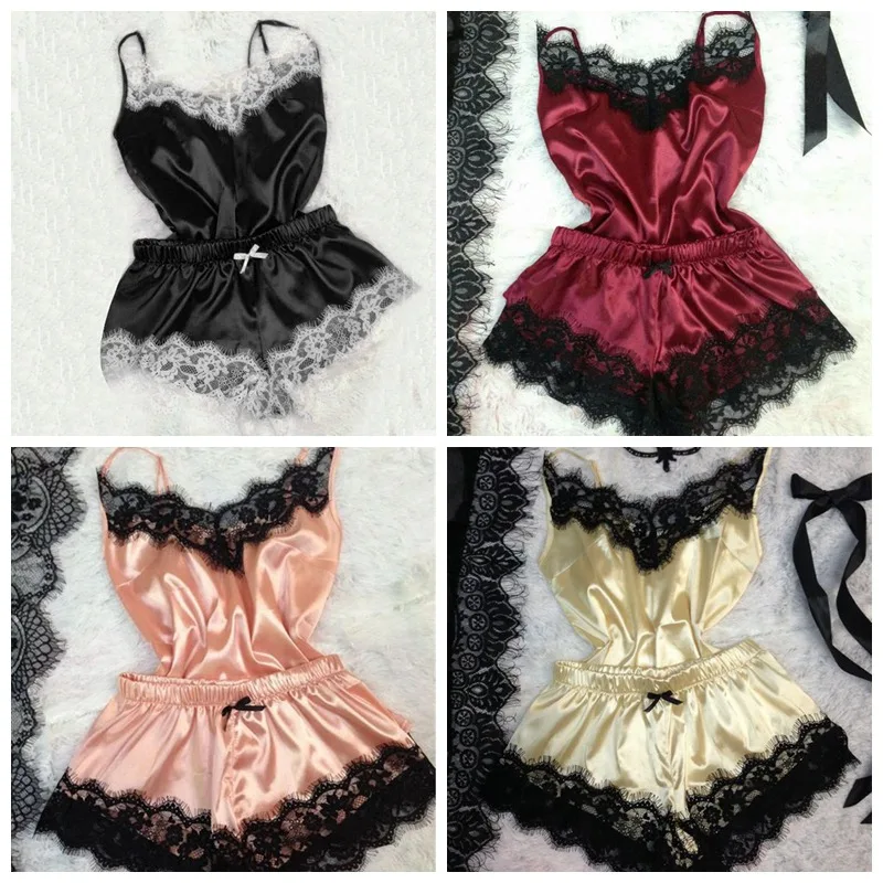 Women's Sleepwear Sexy Satin Pajama Set Black Lace V-Neck Pyjamas Sleeveless Cute Cami Top and Shorts Women's Sleepwear Sexy Satin Pajama Set Black Lace V-Neck Pyjamas Sleeveless Cute Cami Top and Shorts