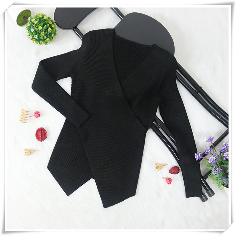 Off-the-shoulder V-neck 6-color sweater women's 2019 stitching cross long-sleeved knit pullover sexy winter knit sweater