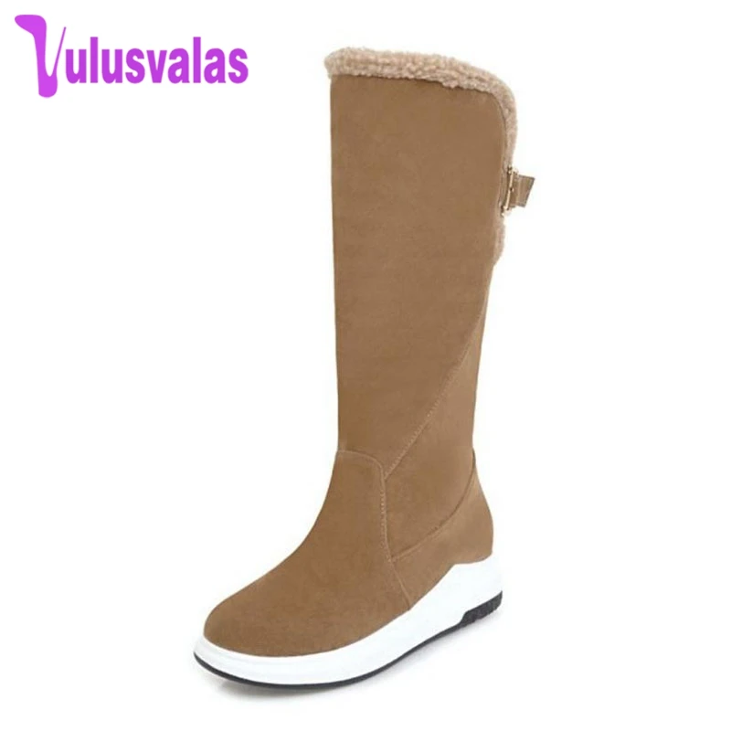 

Vulusvalas 4 Color Women Mid Calf Boots New Fashion Buckle Warm Plush Shoes Women Winter Fur Inside Heels Snow Boots Size 34-43