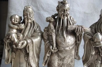 

China White Copper Silver Lucky Three Longevity God Fukurokuju Buddha Statue Set
