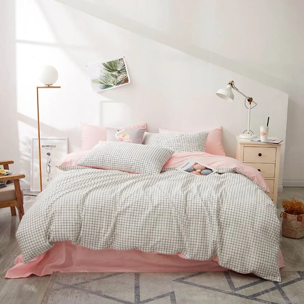 

2019 Little Plaids Pink INS 3/4pcs Bedding Set Cotton Bedlinens Twin Queen King Customize Size Bedsheet Pillowcases
