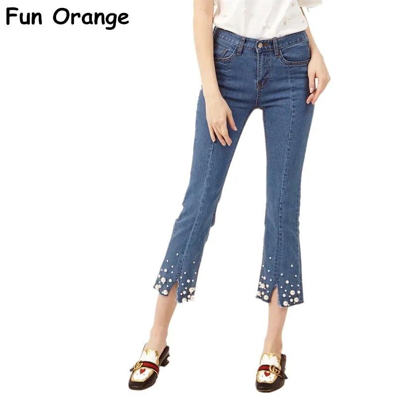 Весело оранжевый Для женщин Разделение Front Denim Flare Джинсы для с жемчугом модные
