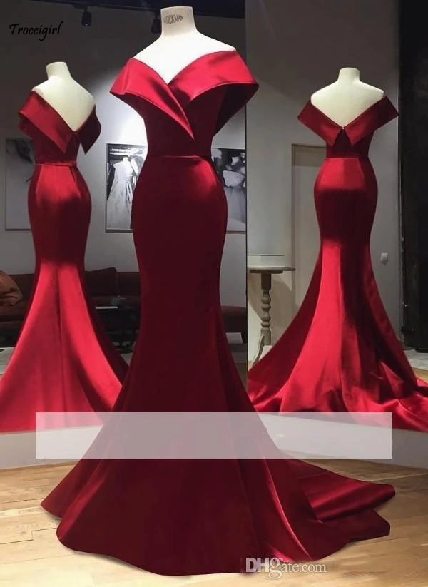 

2019 Real Photos Simple Red Satin Mermaid Prom Dresses Off-the-Shoulder Evening Gown Zipper Back Event Dresses Custom Made Sweep