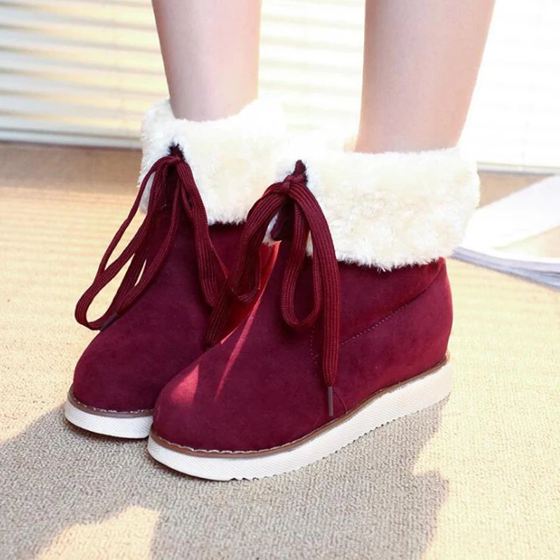 

LUCYLEYTE Women boots 2018 flock mid-calf winter boots women snow boots lace-up warm winter shoes big size 35-42