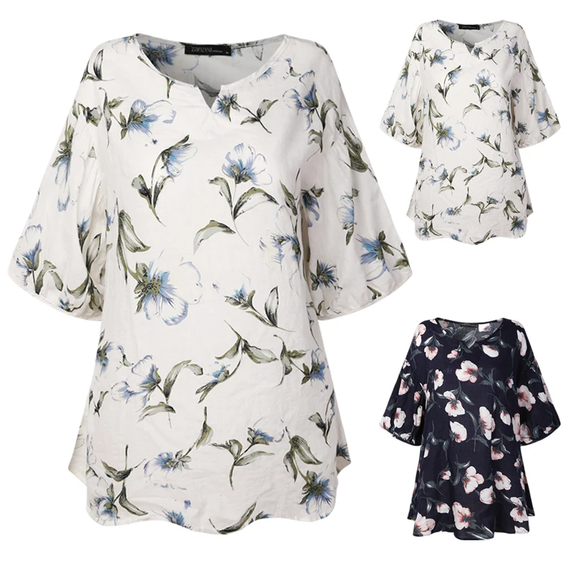 2019 New Summer Women Cotton Linen Top Blouse Soft Floral Print Loose Shirt Femme Casual O neck Plus Size Shirts Casual S-4XL