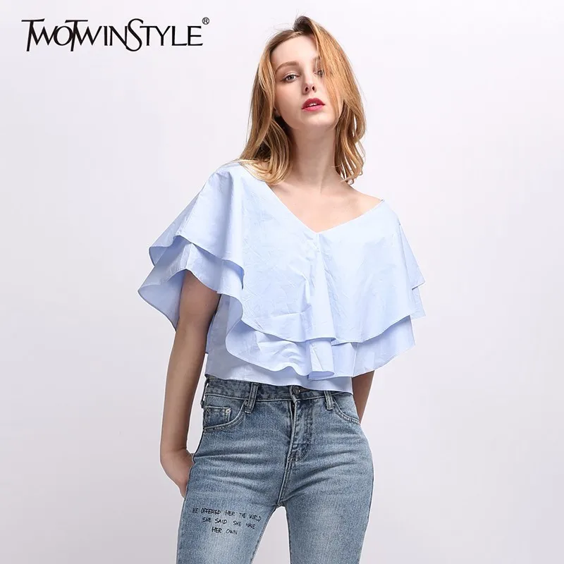 

TWOTWINSTYLE Ruffles Women's Shirt Slash Neck Off Shoulder Short Sleeve Pullover Shirts Spring Summer Fashion Sweet Clothing