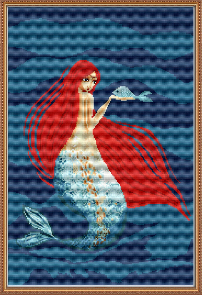 Red haired mermaid cross stitch kit aida 14ct 11ct count print canvas
