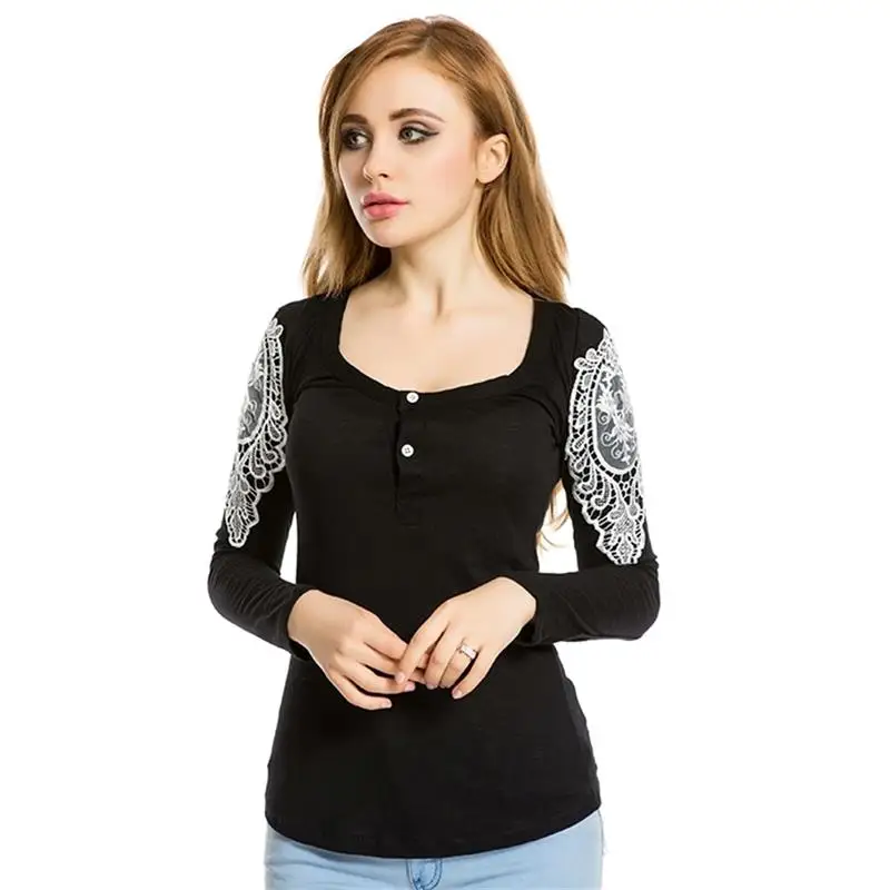 

Dioufond New Black Lace Shirt Women Long Sleeve Casual Blouses O-Neck Slim Ladies Tops Cotton Fashion Clothing Spring 2018
