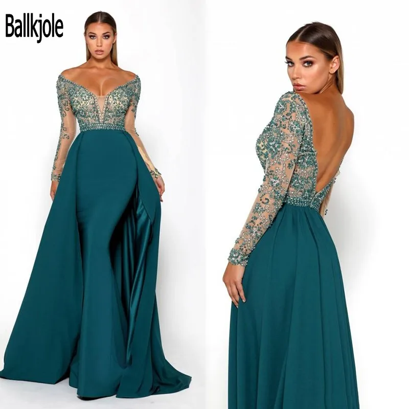 

Fabulous Off The Shoulder Prom Dresses 2019 Sheer Long Sleeve Mermaid Sweep Train Backless Formal Evening Gown with Overskirt