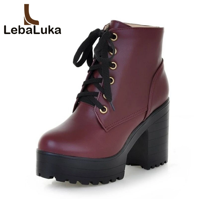 

LebaLuka Fashion British High Square Heels Ankle Boots Lace-Up High Platform Warm Winter Working Shoes Holiday Boots Size 32-43