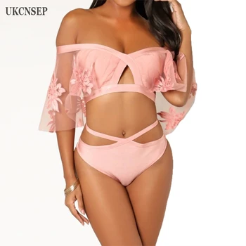 

2020 New Arrival Women Summer Jumpsuits Short Sleeve Slash Neck Lace Ruffles Patchwork Hollow Out Bodycon Beach Party Bodysuits