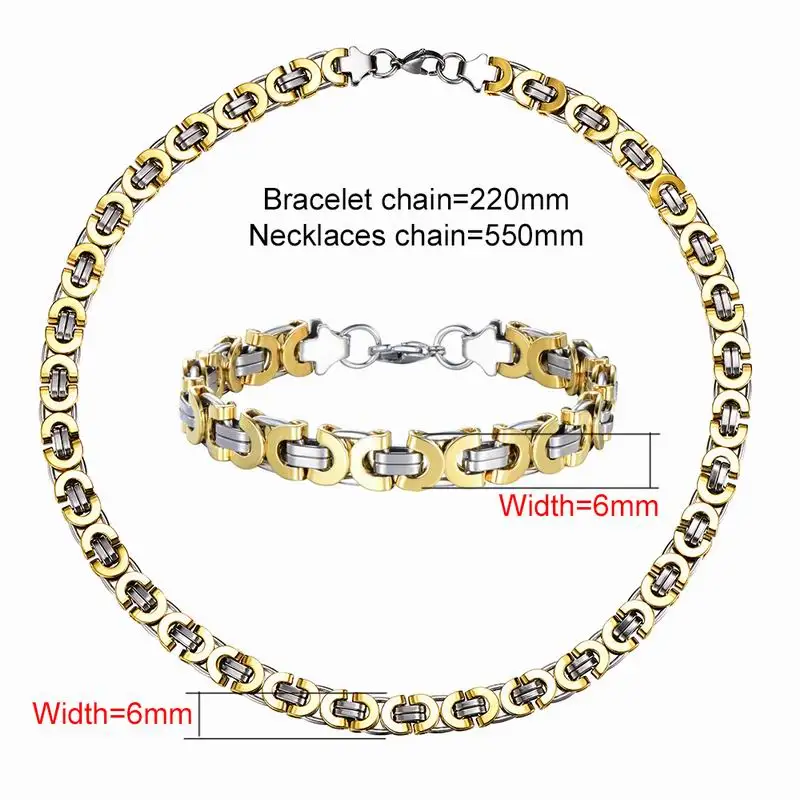 Ювелирные наборы из нержавеющей стали, золотой цвет, модные, ширина цепи, звено, браслет и ожерелье, набор для женщин, подарок - Окраска металла: 6MM-WIDE