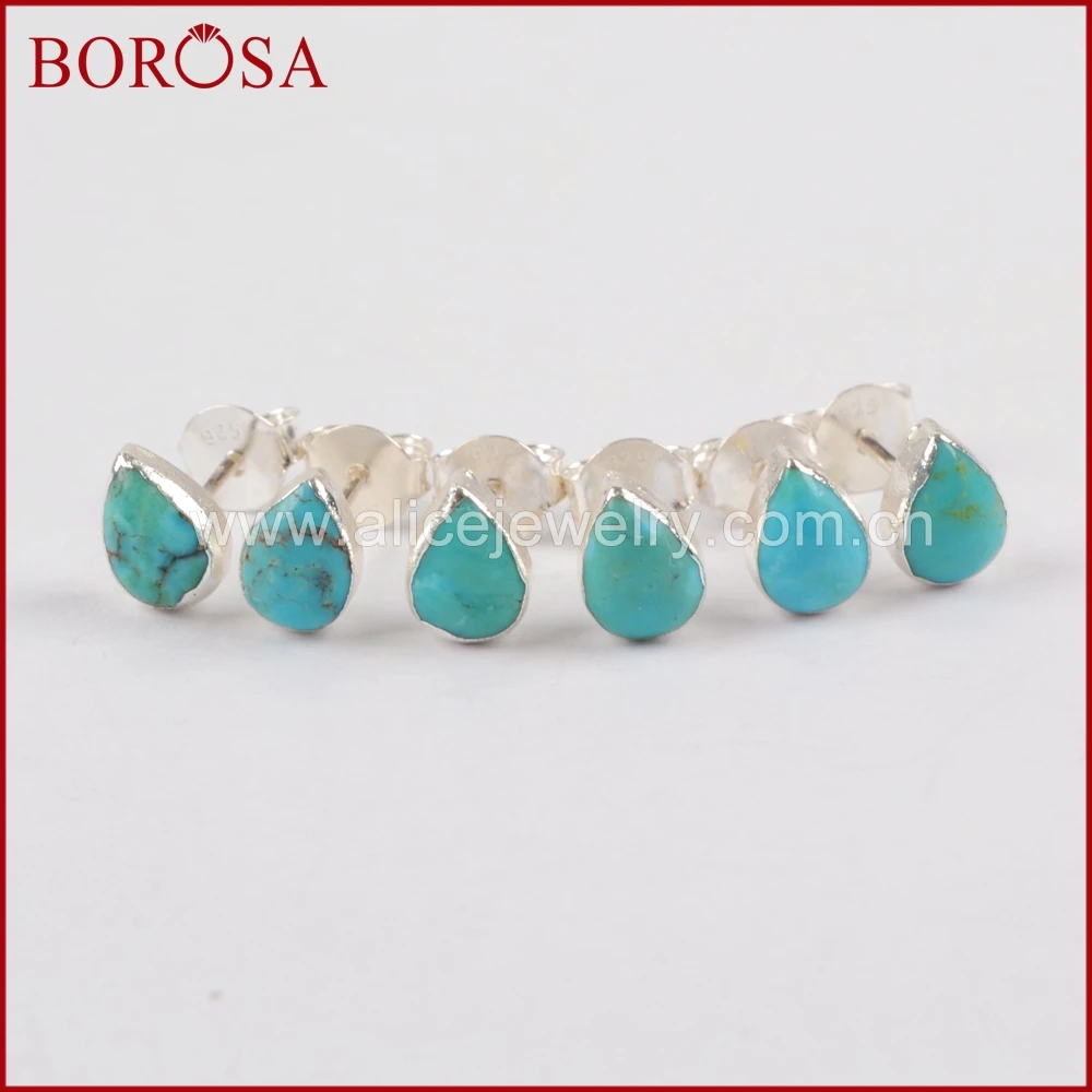 BOROSA Elegant Pure Silver Natural Tur-quoise Stud Earrings Druzy Jewelry Gems Fashion for Women Girls SS177 |